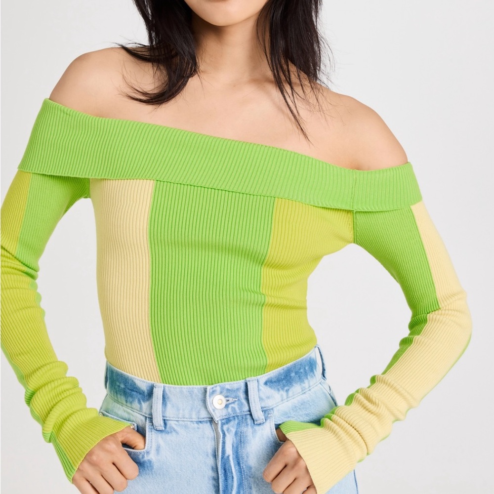 Off-Shoulder Green and Yellow Striped Top